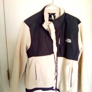 Gray and white North face jacket